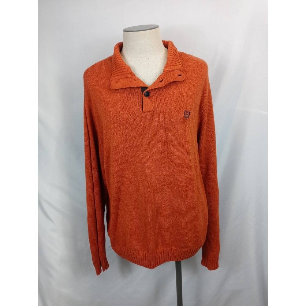 Chaps Mens XXL Sweater Orange Button Mock Neck Elbow Patches FLAW Missing Button